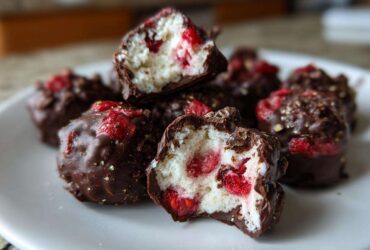 A stack of No-Bake Chocolate Strawberry Yogurt Clusters, showing a cross-section of the creamy filling and dried strawberries.