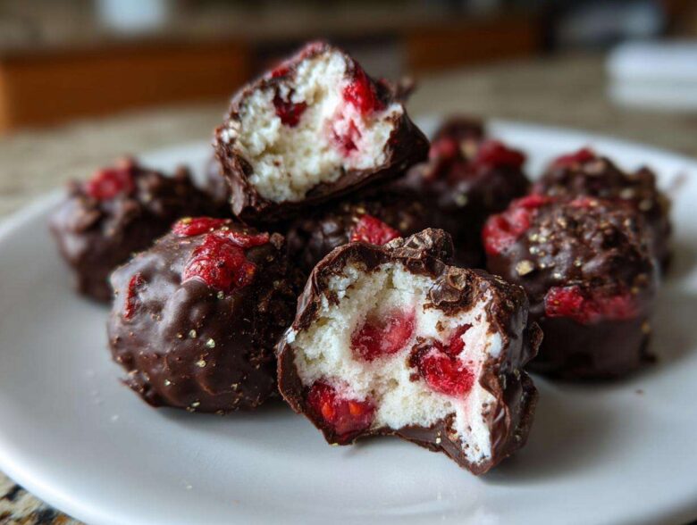 A stack of No-Bake Chocolate Strawberry Yogurt Clusters, showing a cross-section of the creamy filling and dried strawberries.