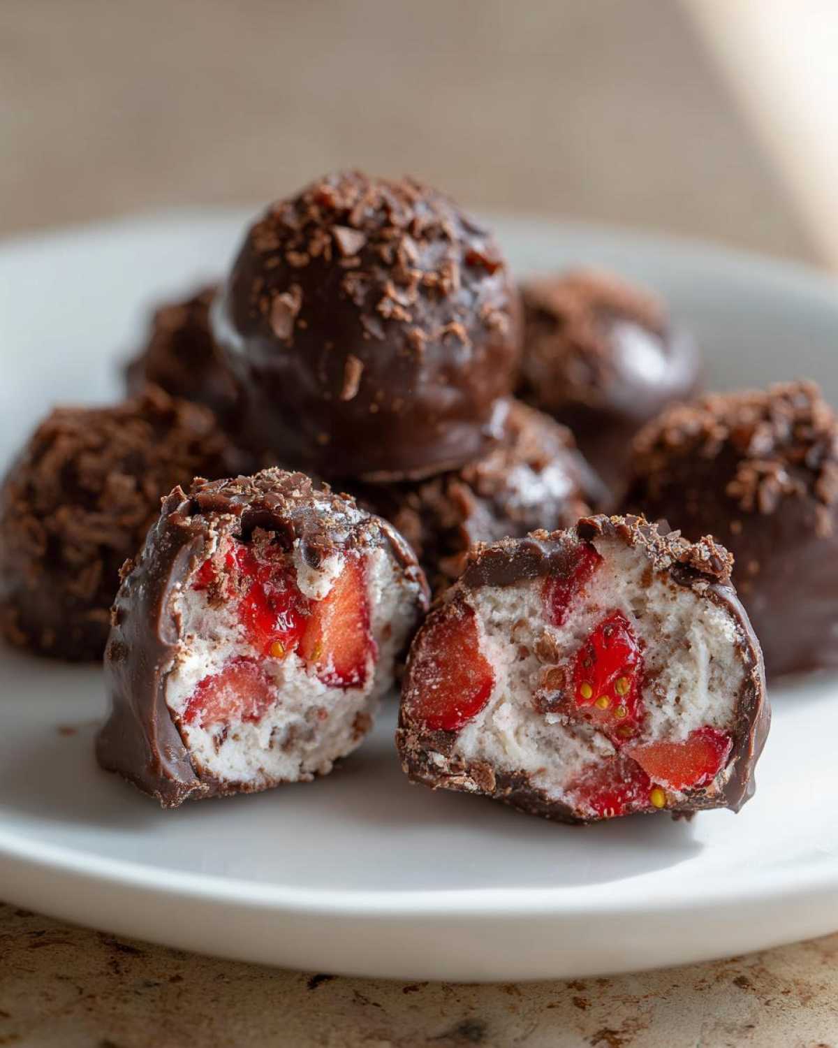 Close-up of No-Bake Chocolate Strawberry Yogurt Clusters, one cut in half showing strawberry pieces in creamy yogurt filling.