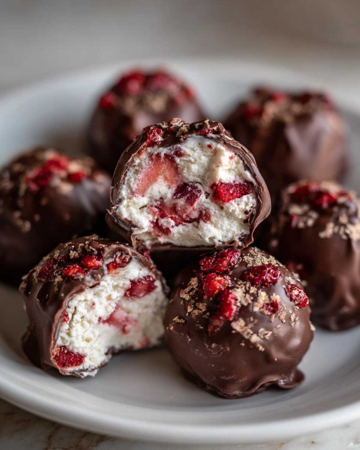 Close-up of No-Bake Chocolate Strawberry Yogurt Clusters, one cut in half showing the creamy yogurt and strawberry filling.
