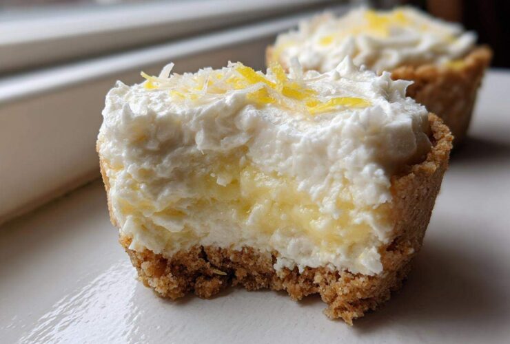A bite taken out of a No-Bake Lemon Coconut Cheesecake Cup showing the creamy filling and graham cracker crust.