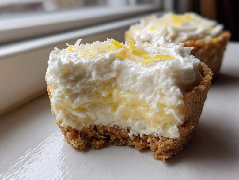 A bite taken out of a No-Bake Lemon Coconut Cheesecake Cup showing the creamy filling and graham cracker crust.