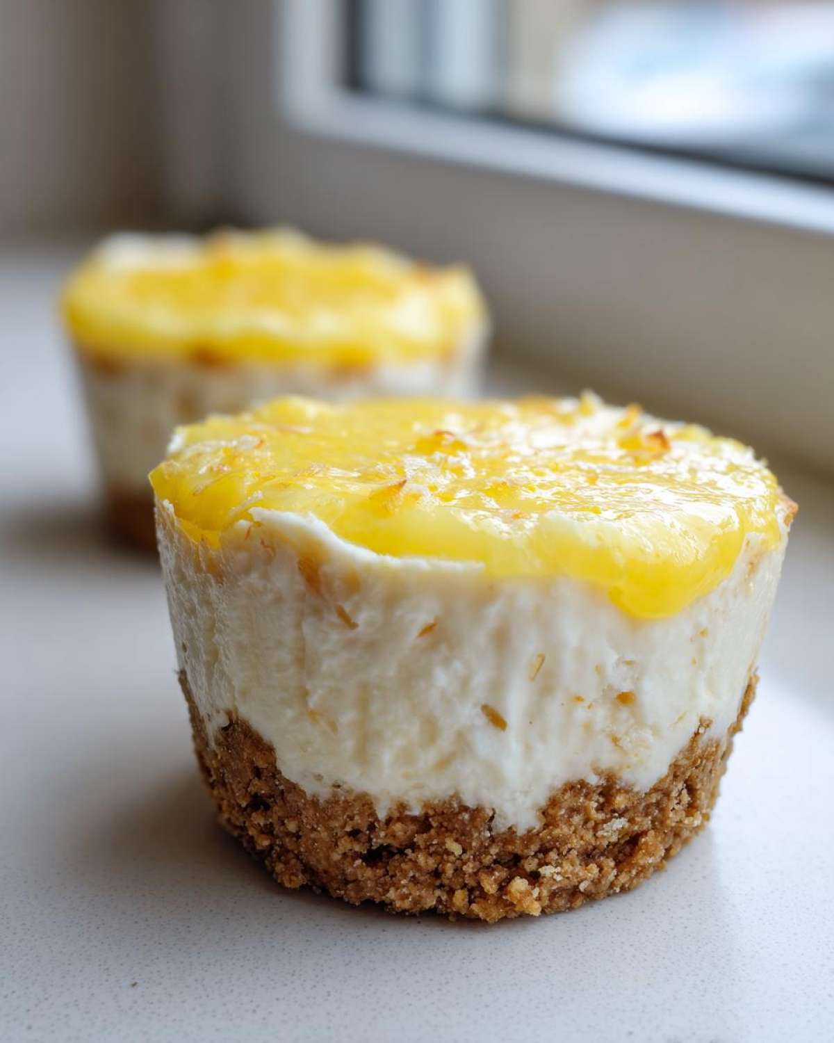 Close-up of a No-Bake Lemon Coconut Cheesecake Cup showing the graham cracker crust, creamy filling, and toasted coconut topping.