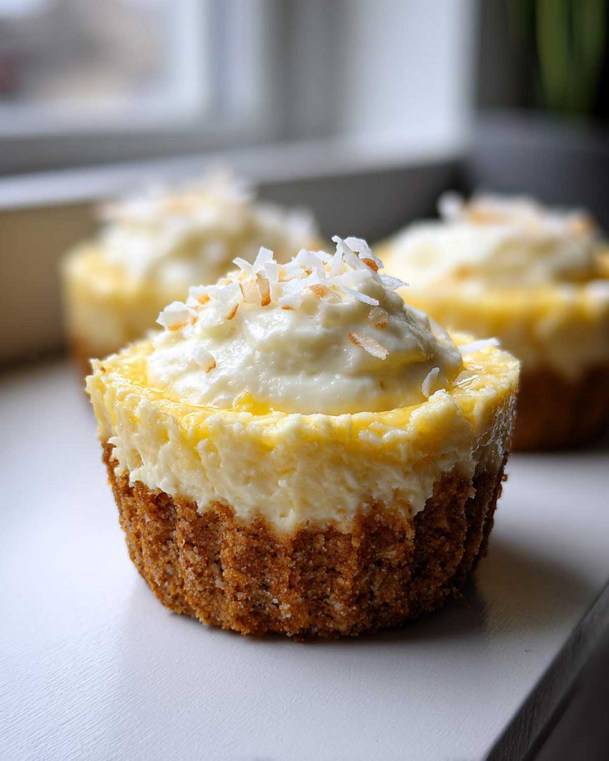 A single, delicious No-Bake Lemon Coconut Cheesecake Cup with a graham cracker crust, creamy filling, and toasted coconut topping.