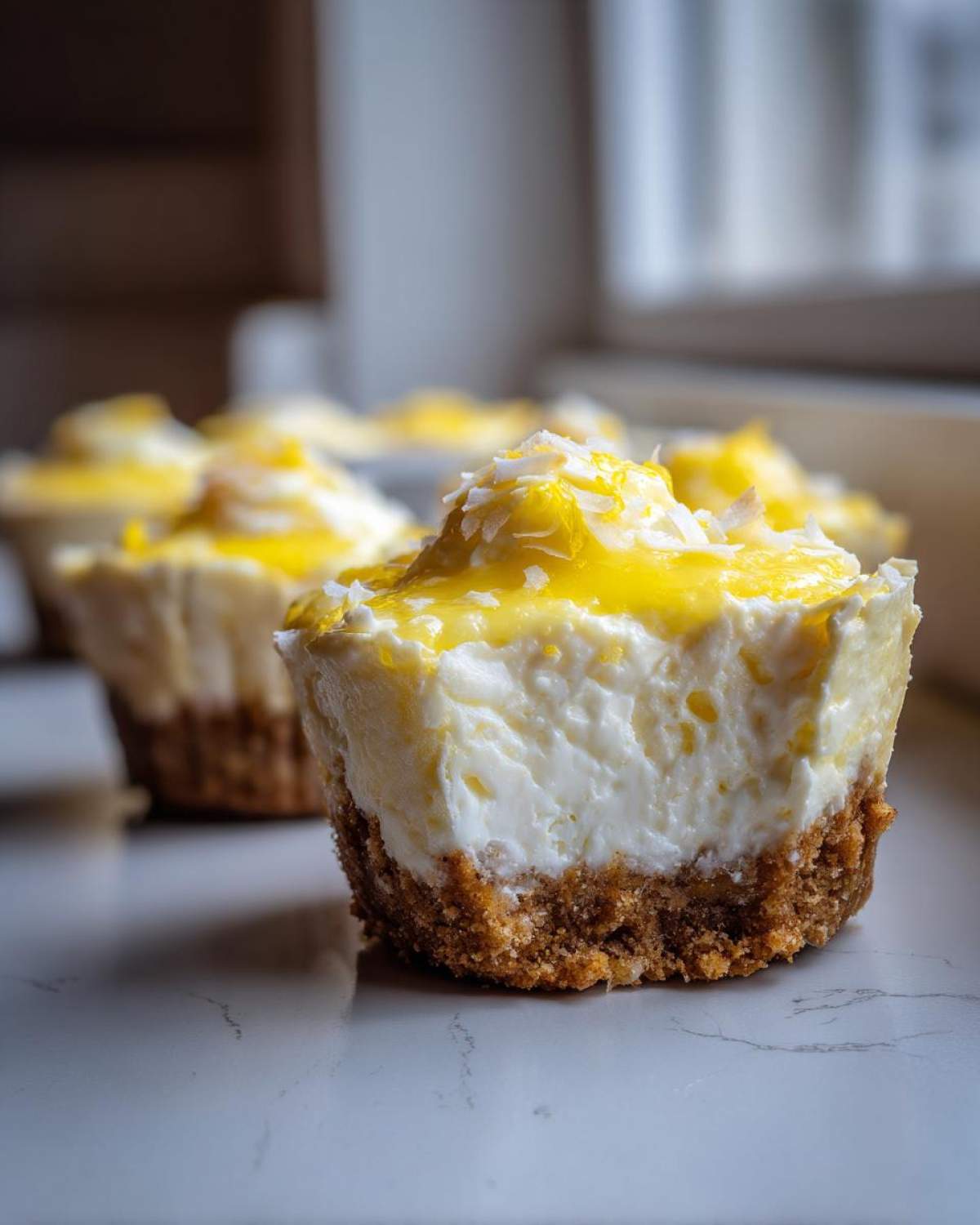 A cross-section view of a No-Bake Lemon Coconut Cheesecake Cup showing the graham cracker crust, creamy filling, and lemon topping.
