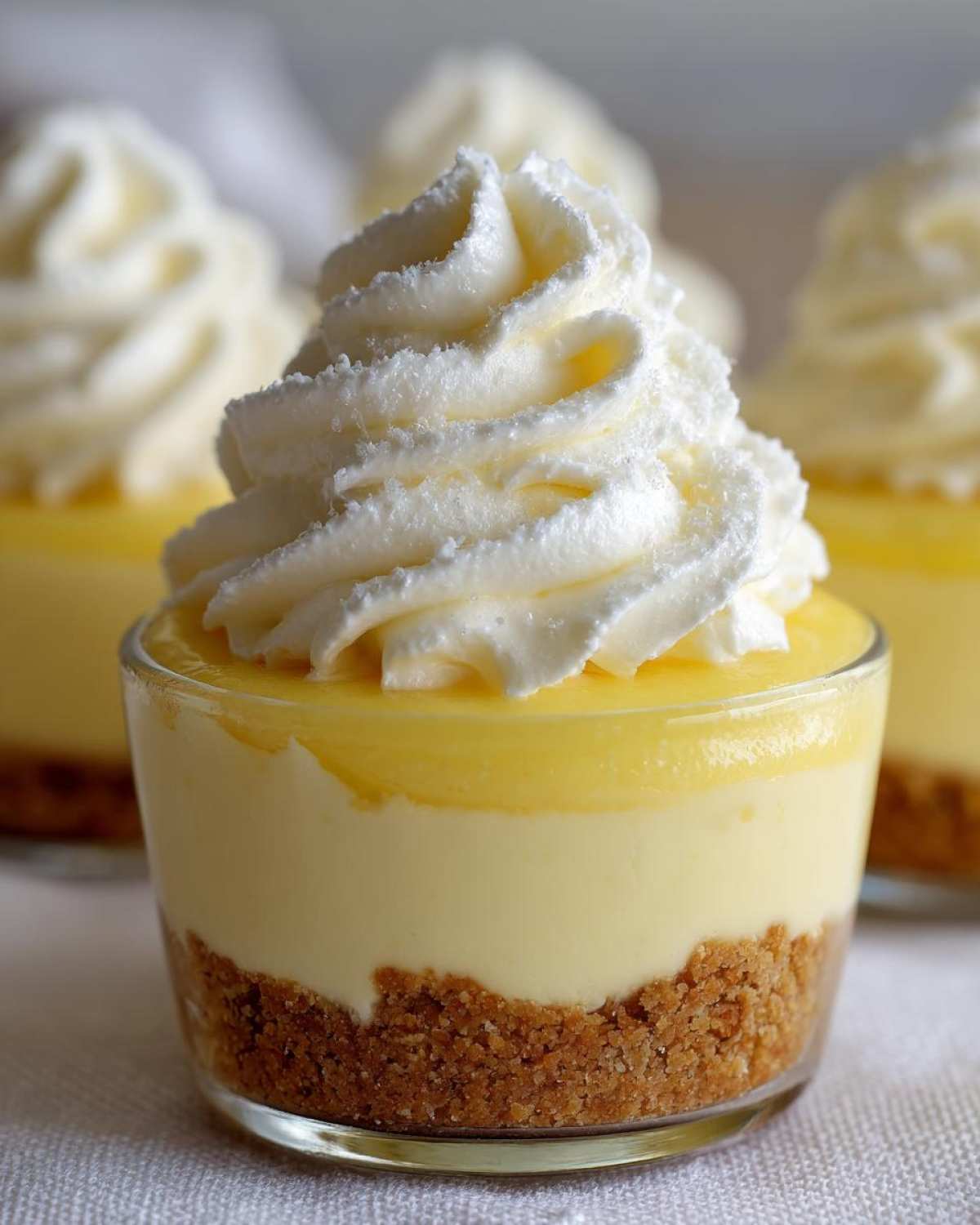 A close-up of one of the No-Bake Lemon Cream Pie Cups, featuring a graham cracker crust, creamy filling, and a swirl of whipped cream.