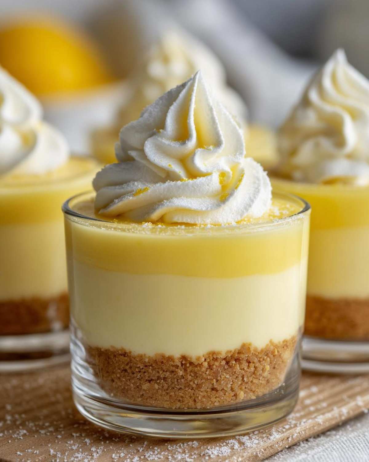 Close-up of a No-Bake Lemon Cream Pie Cup featuring a graham cracker crust, two layers of lemon cream, and whipped cream topping.