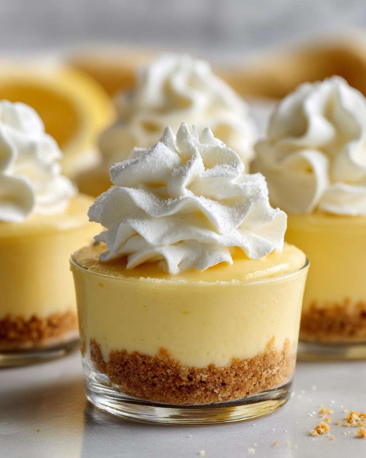 A close-up of one of the No-Bake Lemon Cream Pie Cups, featuring a graham cracker crust, creamy lemon filling, and a swirl of whipped cream.