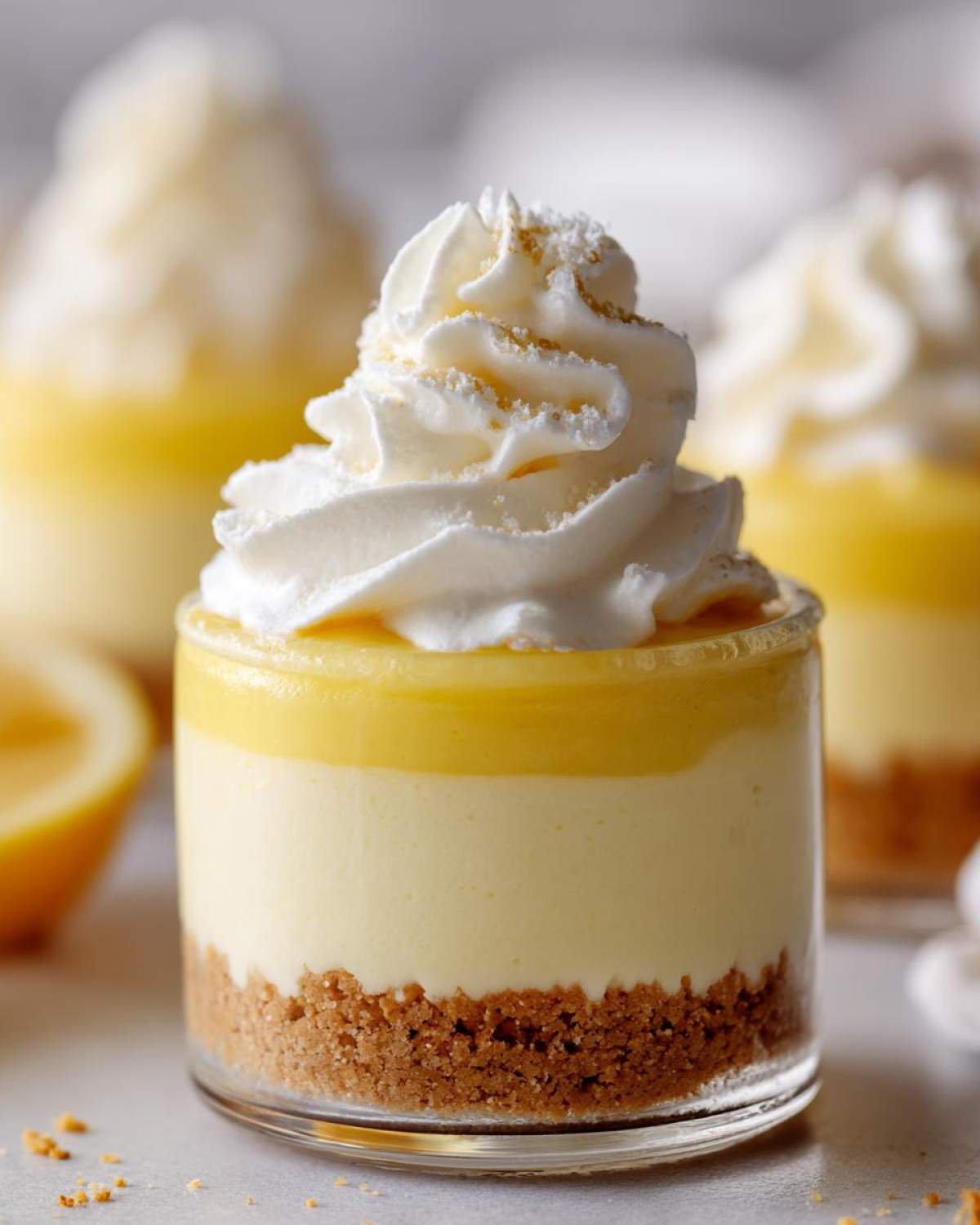 A close-up of a layered No-Bake Lemon Cream Pie Cup topped with whipped cream.