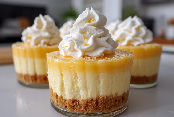 Close-up of individual No-Bake Lemon Cream Pie Cups topped with whipped cream and lemon zest.