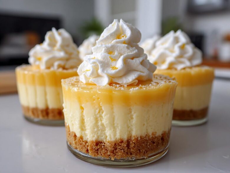 Close-up of individual No-Bake Lemon Cream Pie Cups topped with whipped cream and lemon zest.
