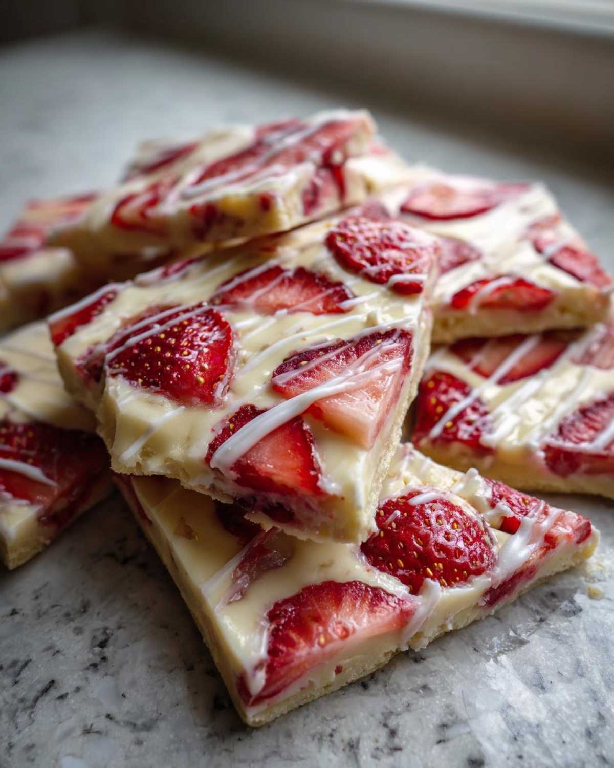 Close-up of stacked squares of No-Bake Lemon Strawberry Cheesecake Bark topped with fresh strawberries.