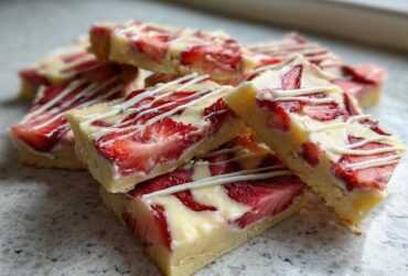 A stack of No-Bake Lemon Strawberry Cheesecake Bark squares topped with a white chocolate drizzle.