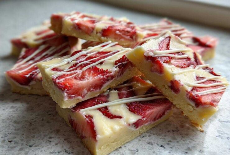 A stack of No-Bake Lemon Strawberry Cheesecake Bark squares topped with a white chocolate drizzle.