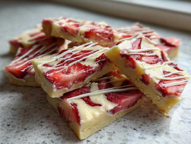 A stack of No-Bake Lemon Strawberry Cheesecake Bark squares topped with a white chocolate drizzle.