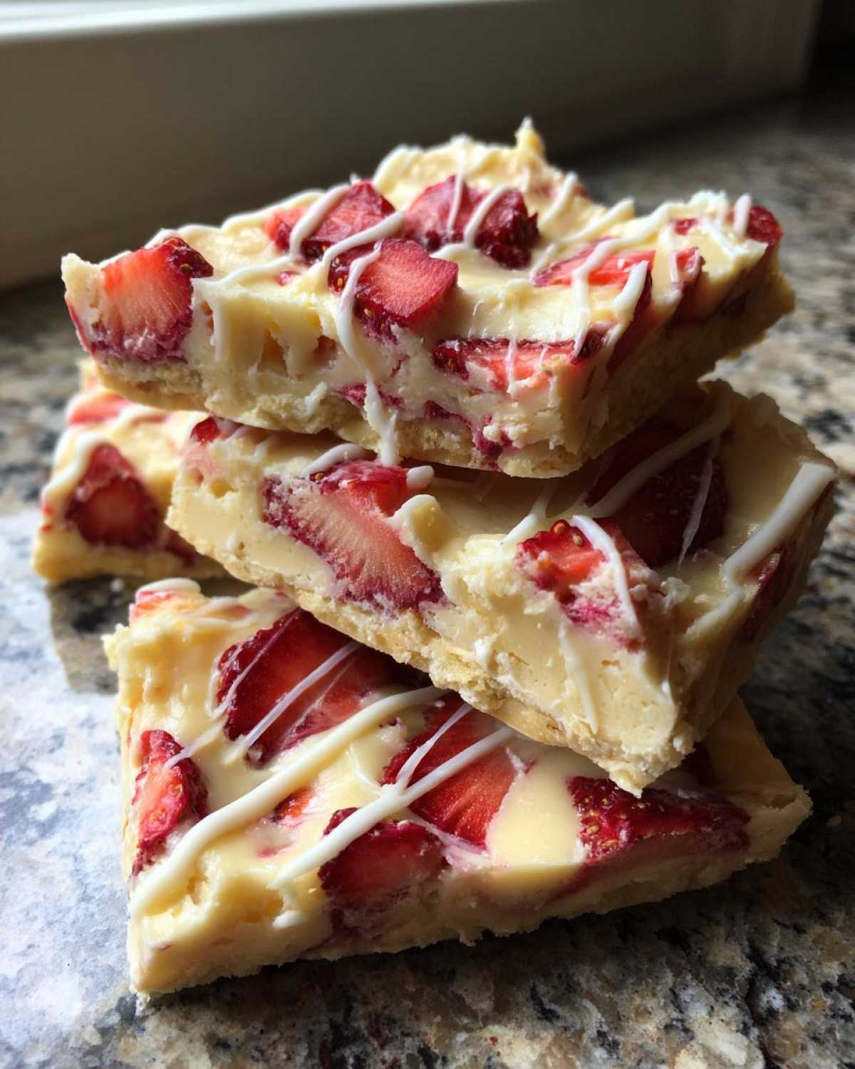 Three stacked squares of No-Bake Lemon Strawberry Cheesecake Bark topped with sliced strawberries and white chocolate drizzle.
