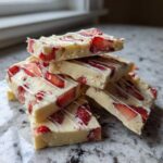 A stack of rich, creamy No-Bake Lemon Strawberry Cheesecake Bark pieces topped with fresh strawberries and white chocolate drizzle.