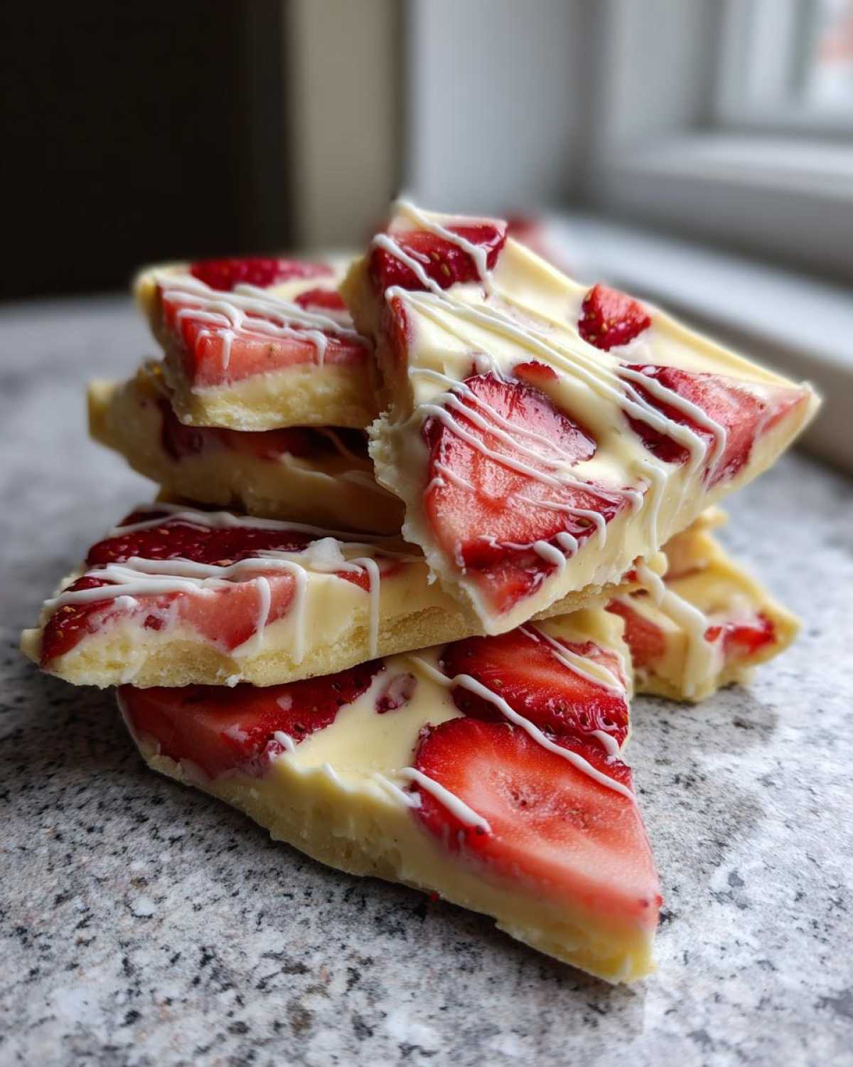 A stack of triangular pieces of No-Bake Lemon Strawberry Cheesecake Bark topped with fresh strawberries and white chocolate drizzle.
