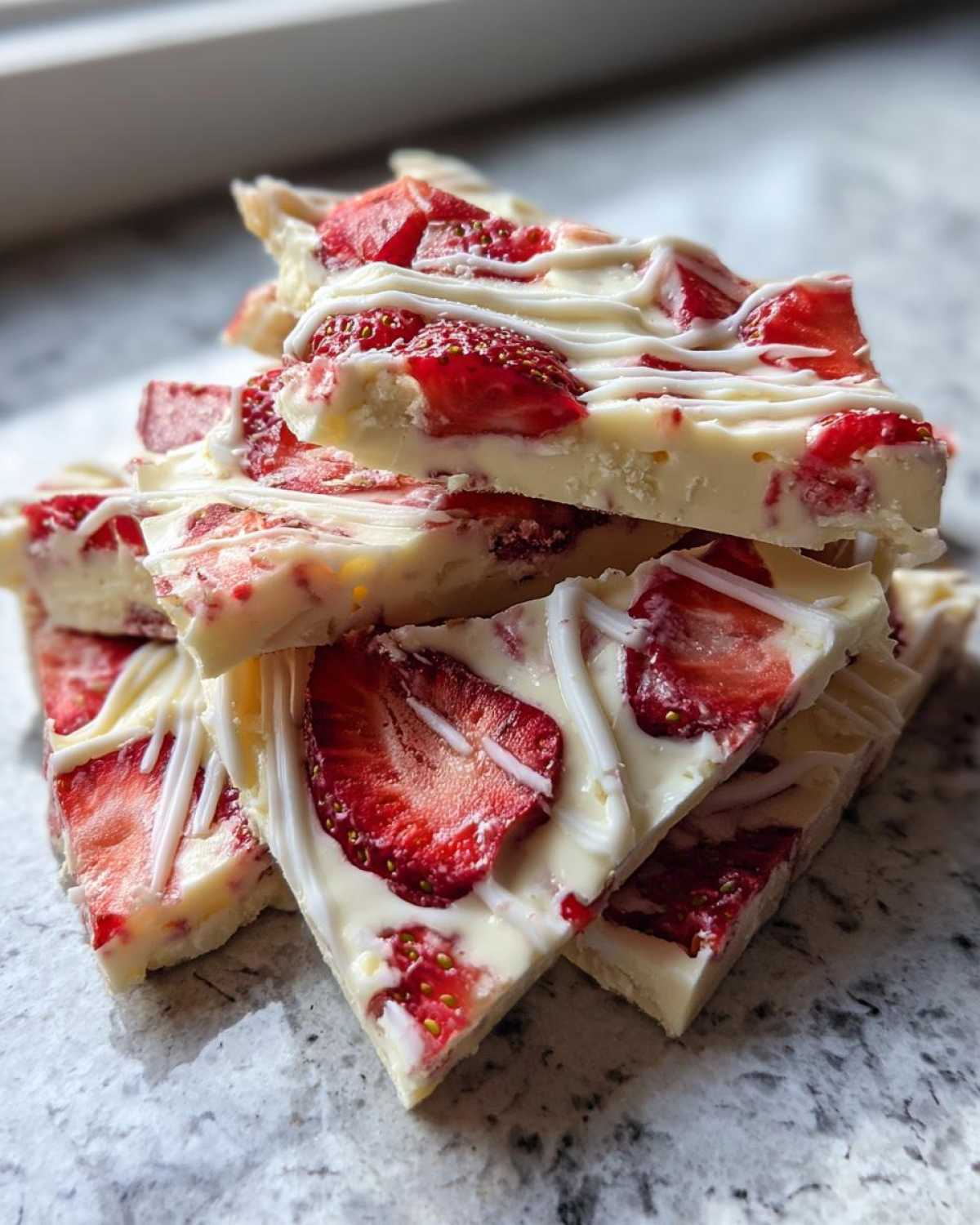 A stack of triangular pieces of No-Bake Lemon Strawberry Cheesecake Bark topped with fresh strawberries and white chocolate drizzle.