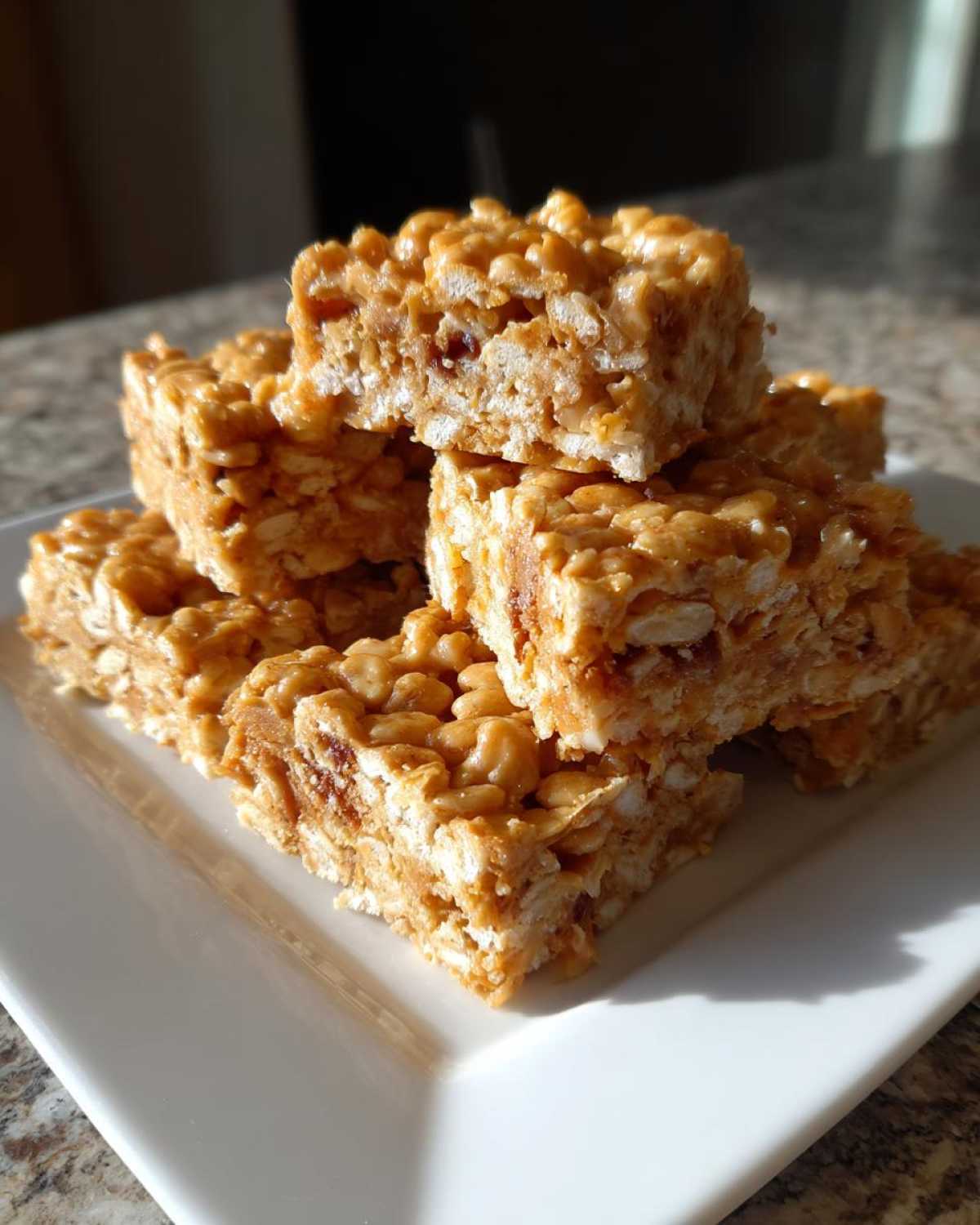 A stack of homemade No-Bake Peanut Butter Rice Cereal Bars glistening under natural light on a white plate.