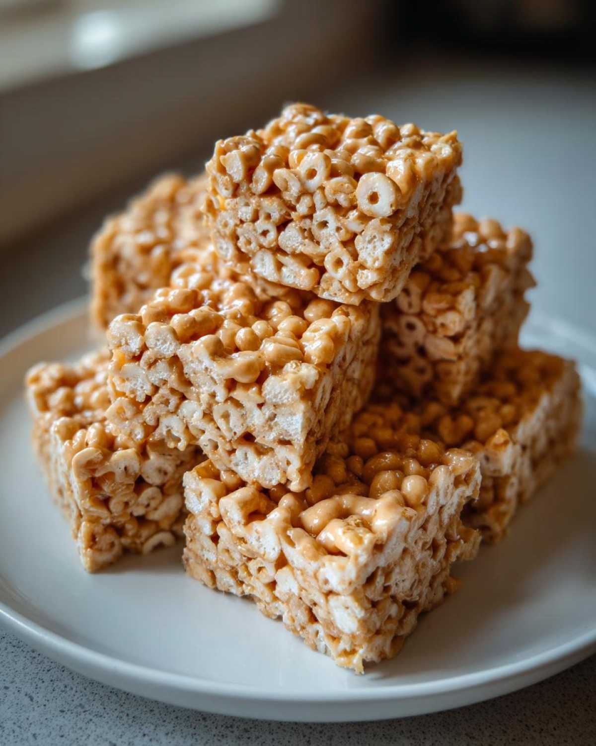 A stack of square No-Bake Peanut Butter Rice Cereal Bars coated in a sticky, golden peanut butter mixture.