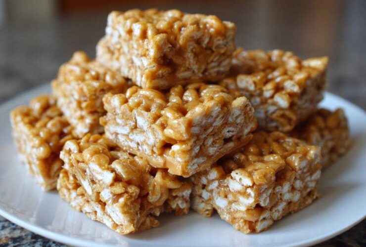 A stack of chewy No-Bake Peanut Butter Rice Cereal Bars coated in a glossy peanut butter mixture.