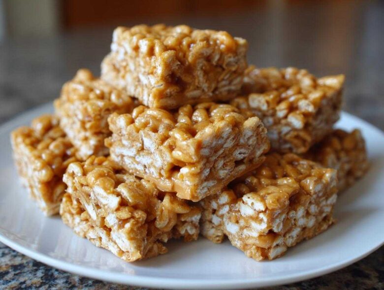 A stack of chewy No-Bake Peanut Butter Rice Cereal Bars coated in a glossy peanut butter mixture.