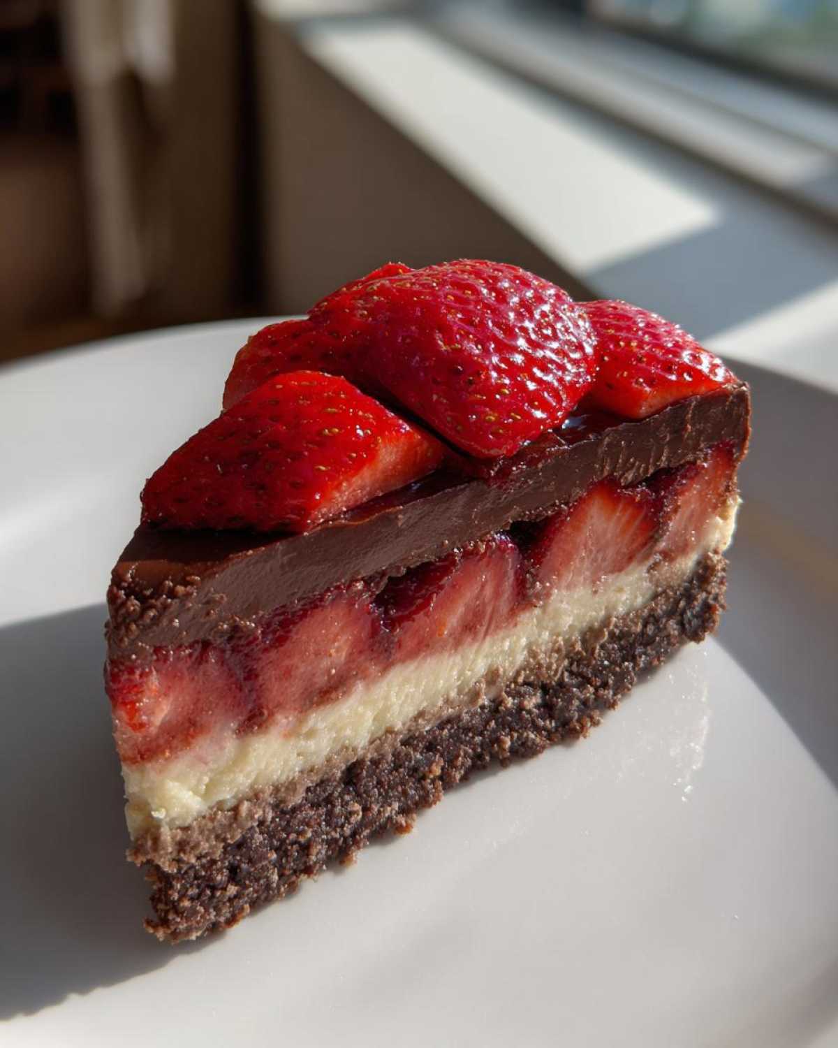 A thick slice of No-Bake Strawberry Chocolate Pudding Pie showing three distinct layers on a white plate.