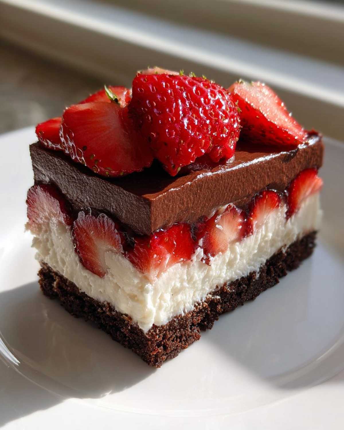 A perfect square slice of No-Bake Strawberry Chocolate Pudding Pie showing layers of crust, cream, chocolate, and fresh strawberries.