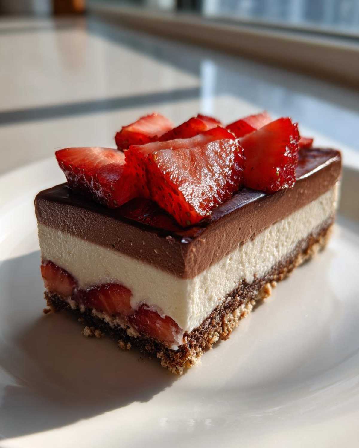 A perfect slice of No-Bake Strawberry Chocolate Pudding Pie showing graham cracker crust, white filling, chocolate layer, and fresh strawberries.