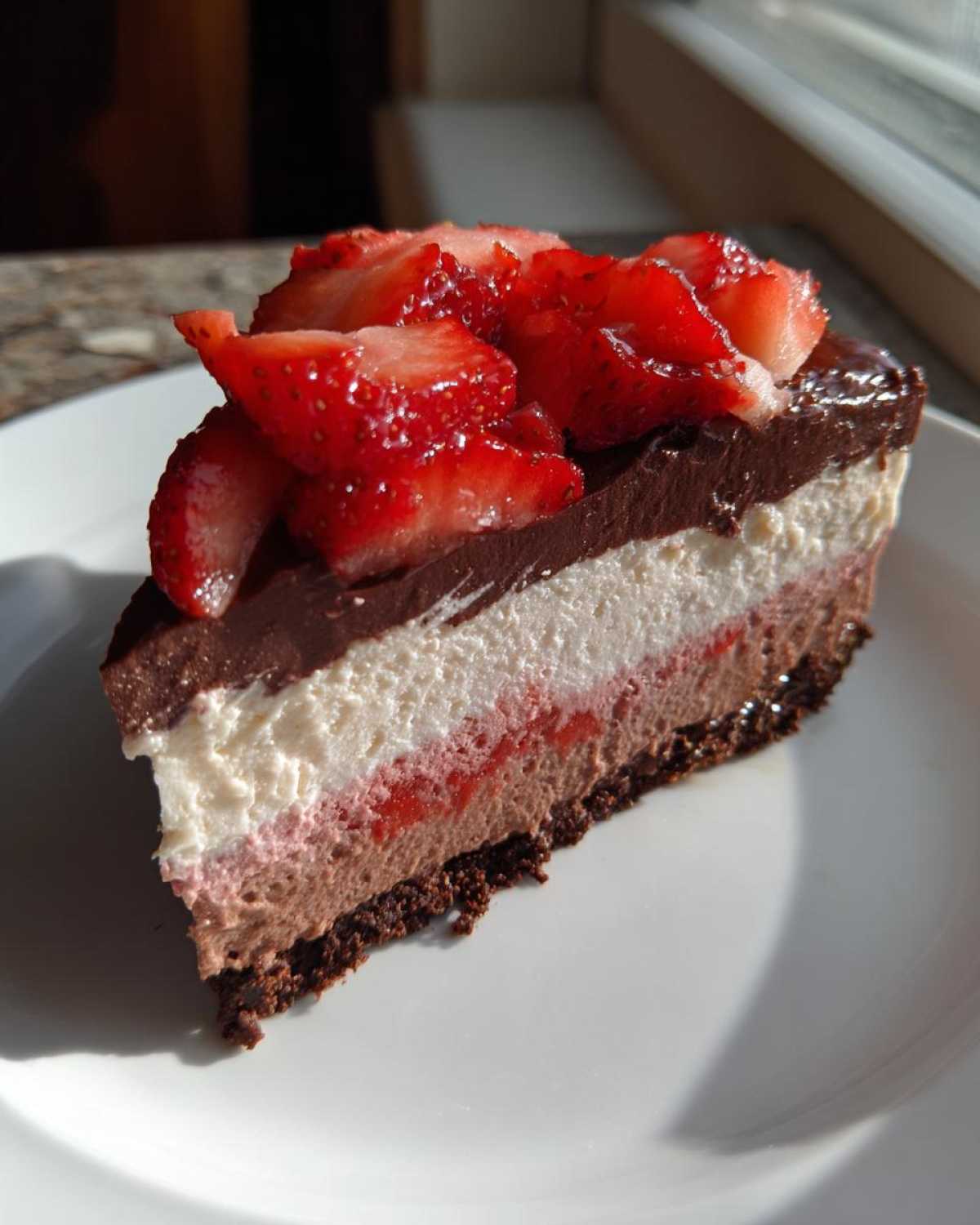 A slice of No-Bake Strawberry Chocolate Pudding Pie showing four distinct layers topped with fresh strawberries.