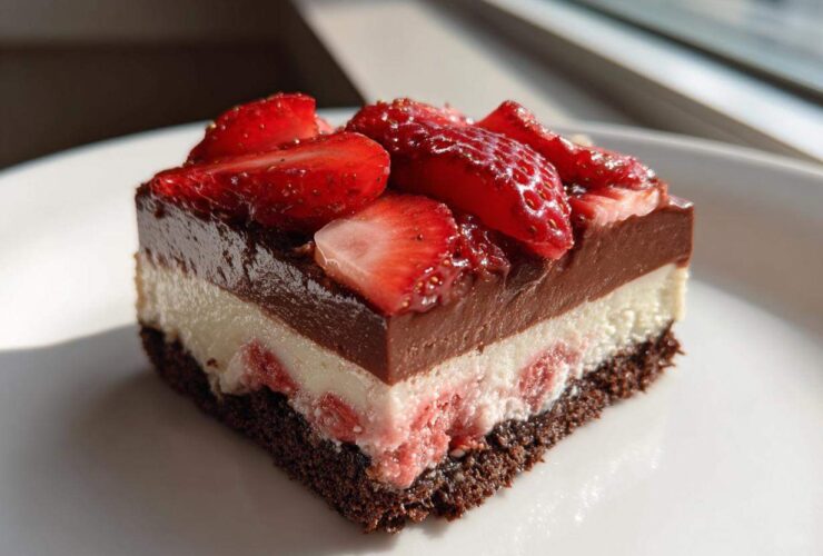 A perfect square slice of No-Bake Strawberry Chocolate Pudding Pie showing four distinct layers.