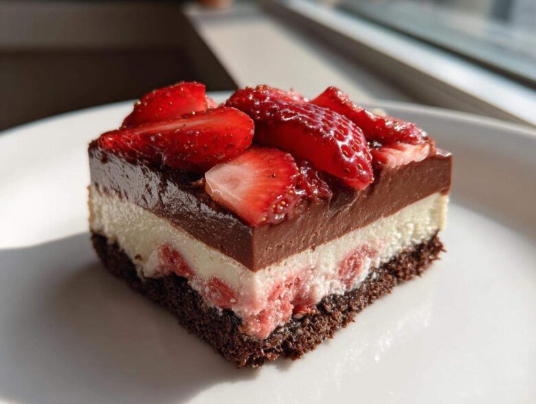 A perfect square slice of No-Bake Strawberry Chocolate Pudding Pie showing four distinct layers.