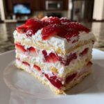A tall, layered slice of No-Bake Strawberry Lemon Icebox Cake featuring wafers, whipped cream, and fresh strawberries.