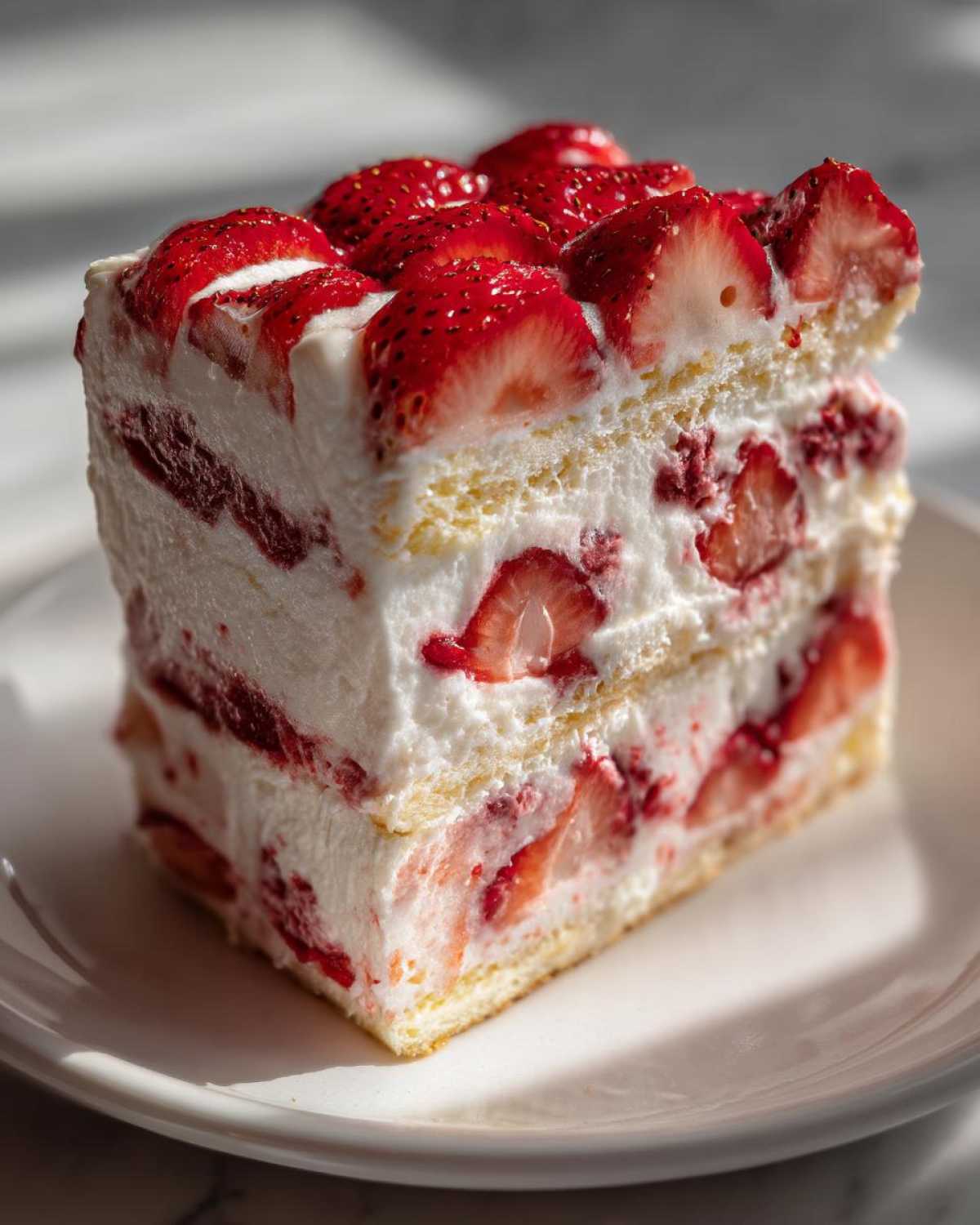 A tall, layered slice of No-Bake Strawberry Lemon Icebox Cake with cream and fresh strawberries.