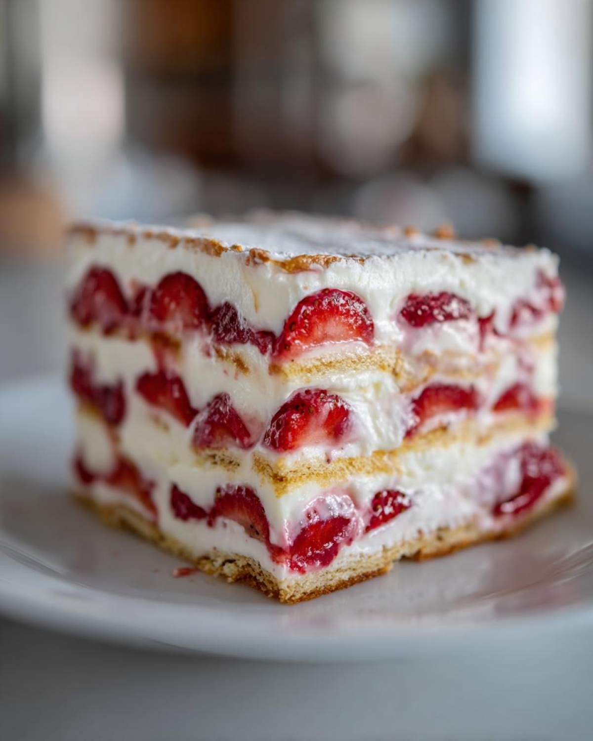 A perfect slice of No-Bake Strawberry Lemon Icebox Cake showing layers of cream, graham crackers, and fresh strawberries.