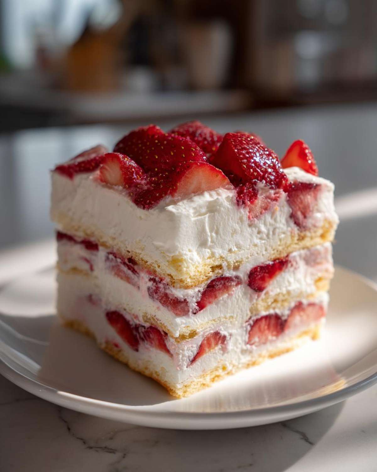 A tall slice of No-Bake Strawberry Lemon Icebox Cake layered with cream and fresh strawberries.