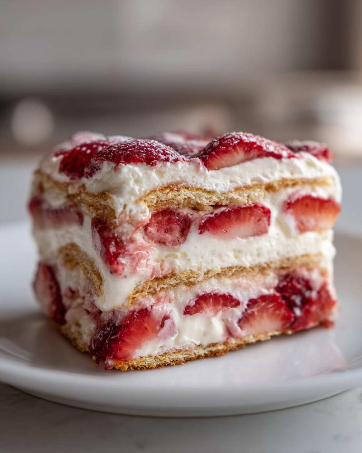 A close-up of a layered slice of No-Bake Strawberry Lemon Icebox Cake with cream and fresh strawberries.