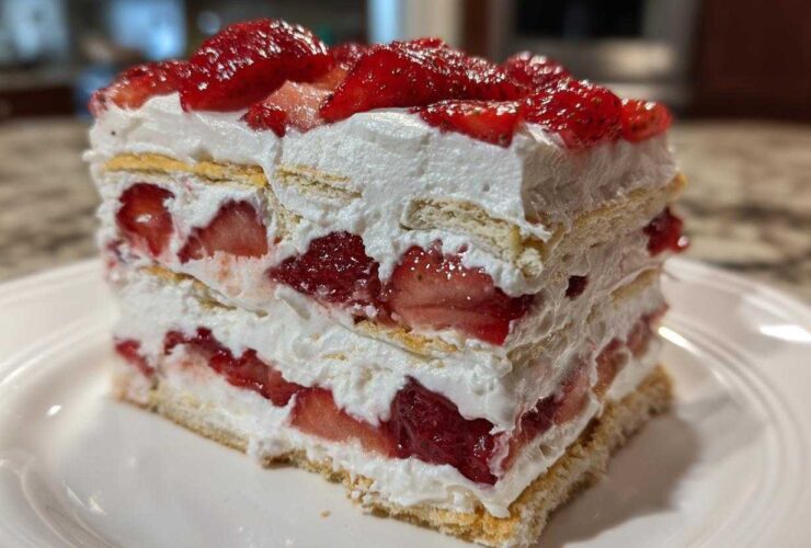 A tall, layered slice of No-Bake Strawberry Lemon Icebox Cake featuring whipped cream, graham crackers, and fresh strawberries.