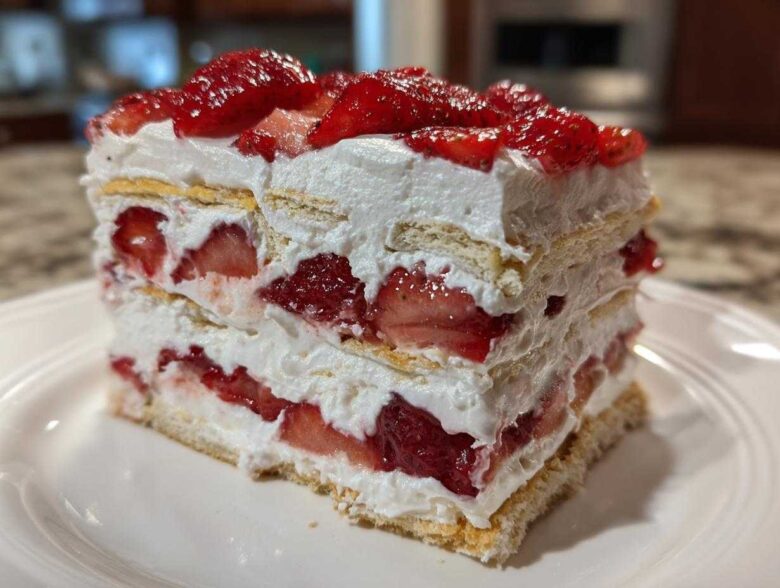A tall, layered slice of No-Bake Strawberry Lemon Icebox Cake featuring whipped cream, graham crackers, and fresh strawberries.
