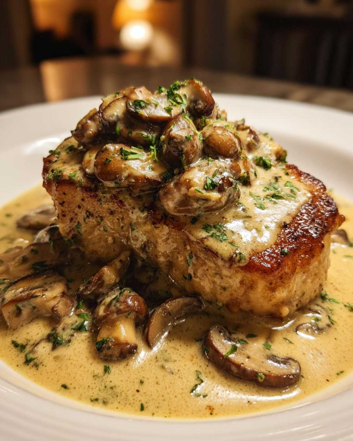 Close-up of One-Pan Creamy Dijon Pork Chops smothered in mushroom cream sauce and fresh parsley.