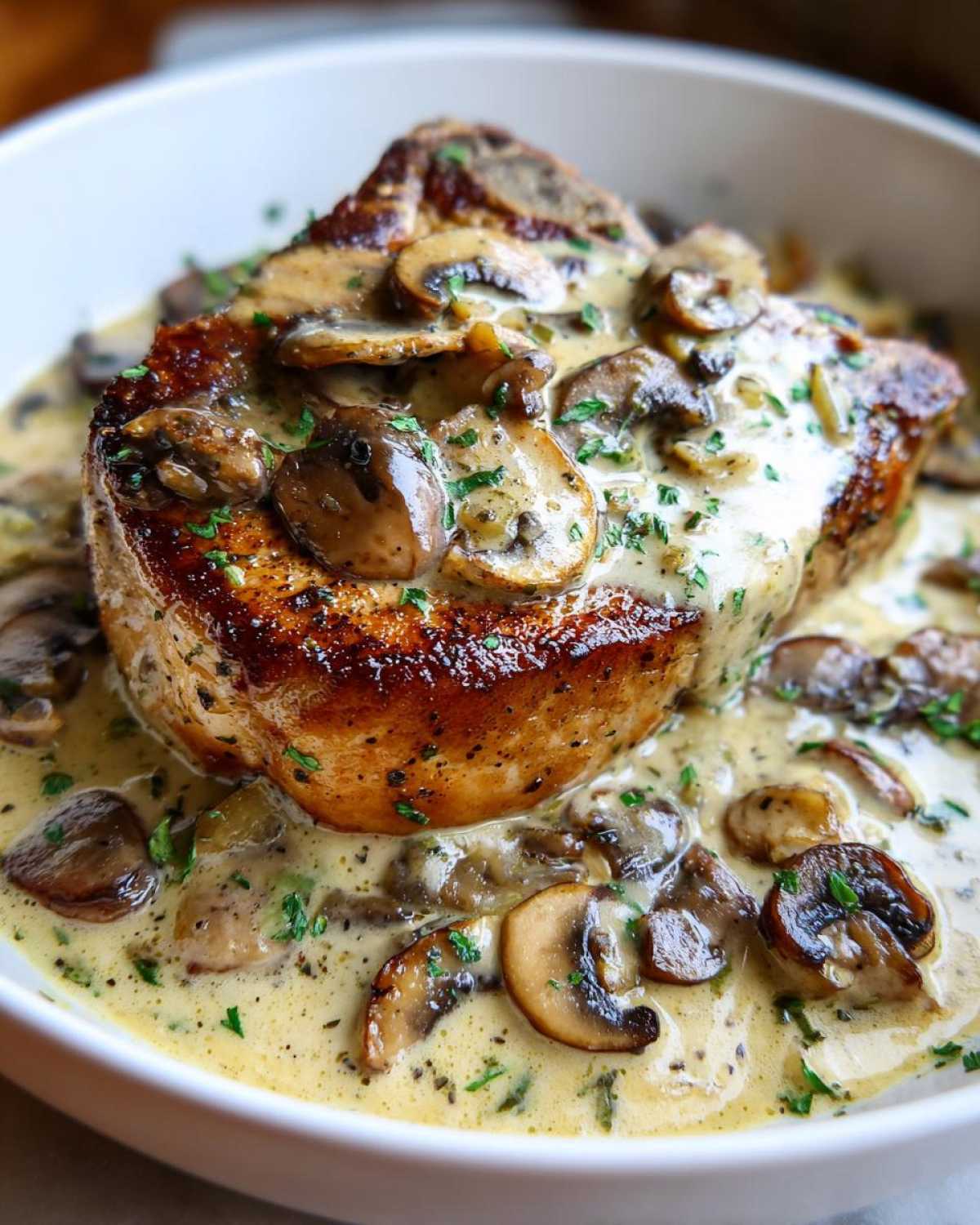 A close-up of a seared pork chop smothered in creamy Dijon sauce and sliced mushrooms.