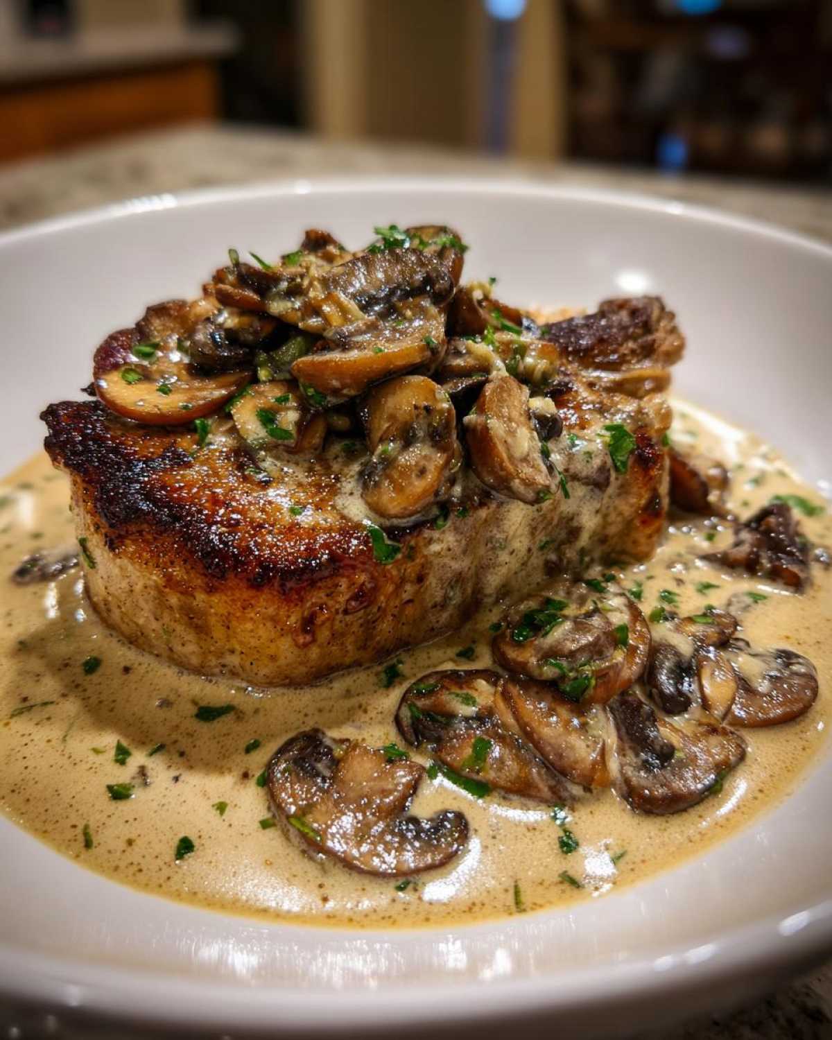 A thick, seared pork chop smothered in creamy Dijon sauce and topped with sautéed mushrooms for One-Pan Creamy Dijon Pork Chops.