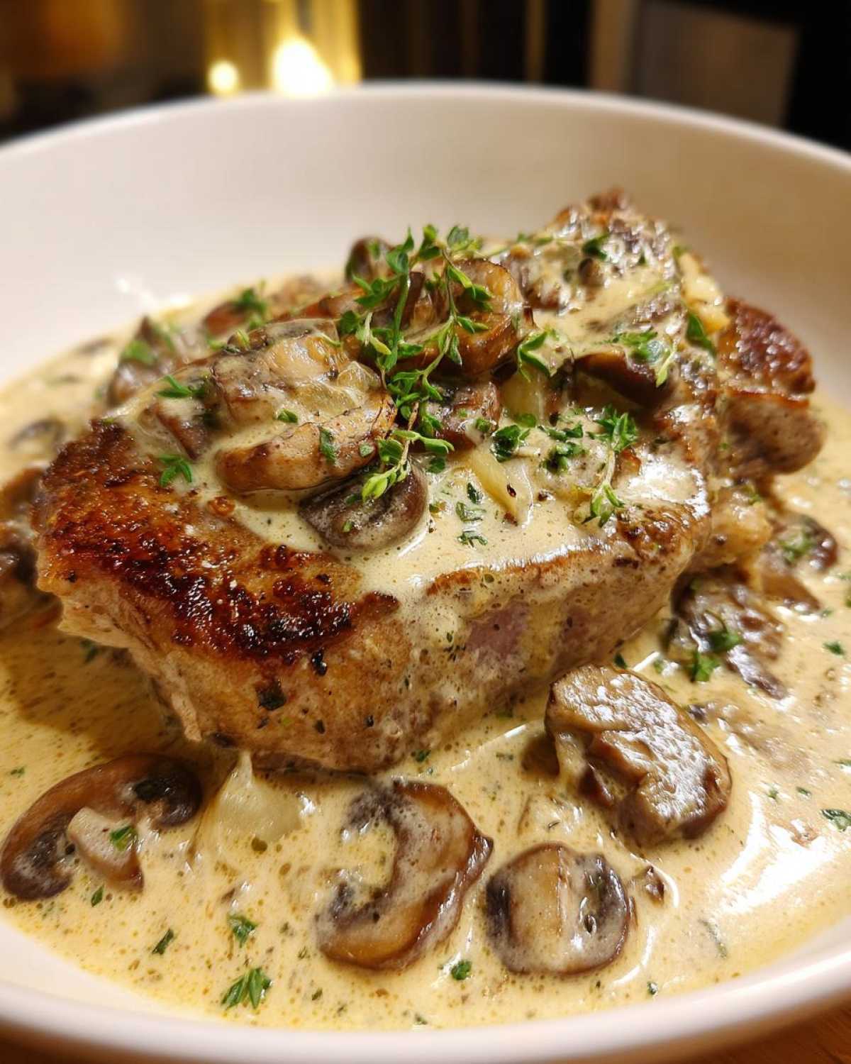 Close-up of a seared pork chop smothered in creamy Dijon sauce with sliced mushrooms and fresh thyme.
