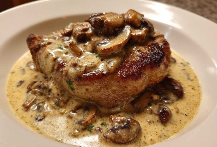 Close-up of One-Pan Creamy Dijon Pork Chops smothered in a rich mushroom cream sauce.