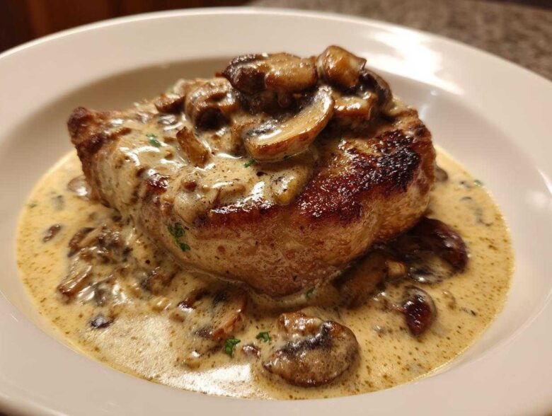 Close-up of One-Pan Creamy Dijon Pork Chops smothered in a rich mushroom cream sauce.
