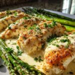 Close-up of fillets of One-Pan Creamy Garlic Butter Tilapia covered in sauce and parsley, served alongside bright green asparagus.