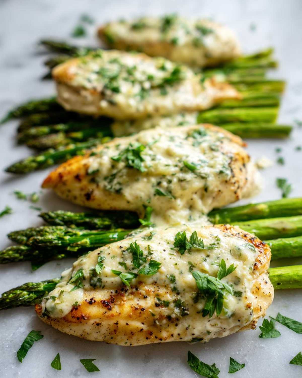 Close-up of One-Pan Creamy Garlic Butter Tilapia fillets served over bright green asparagus spears.