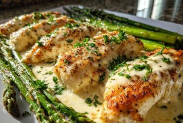 Close-up of fillets of One-Pan Creamy Garlic Butter Tilapia covered in sauce and parsley, served alongside bright green asparagus.
