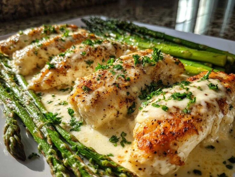 Close-up of fillets of One-Pan Creamy Garlic Butter Tilapia covered in sauce and parsley, served alongside bright green asparagus.